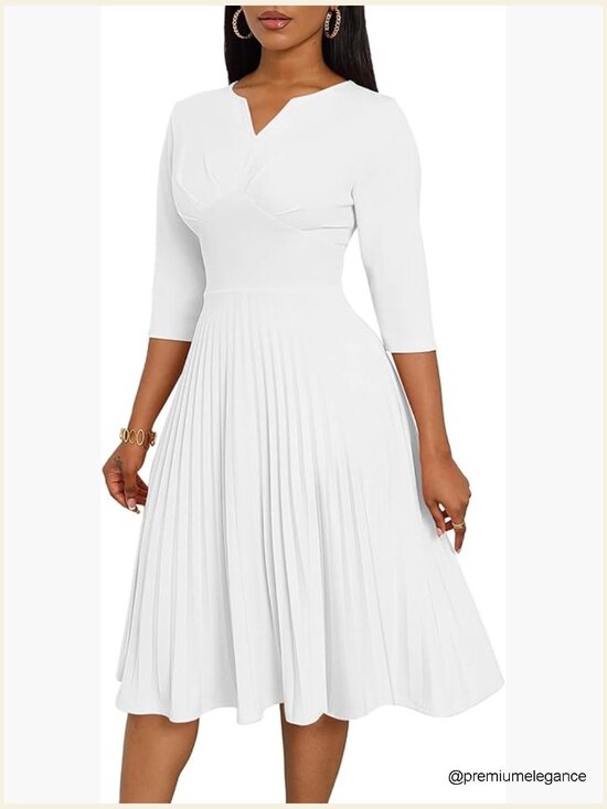 Dresses & Skirts - Midi Dress 3/4 Sleeve V-Neck A-Line Pleated Cocktail Wedding Guest